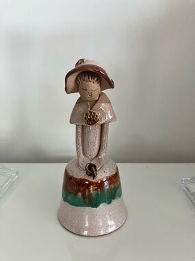 Vintage Adia Pottery Quebecois Bell Figurine with Green and Brown Glaze